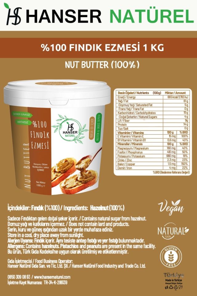 Hanser Natürel %100 Fındık Ezmesi 1 Kg Kova