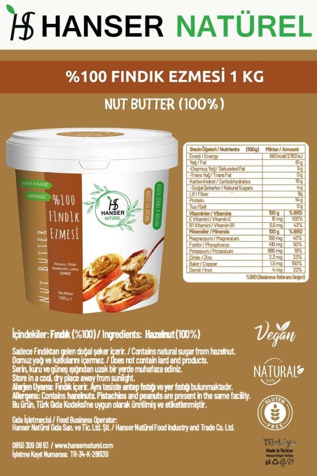 Hanser Natürel %100 Fındık Ezmesi 1 Kg Kova