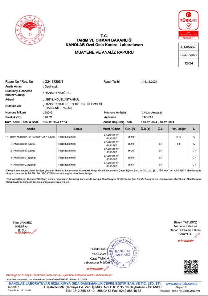 Hanser Natürel %100 Fındık Ezmesi 1 Kg Kova