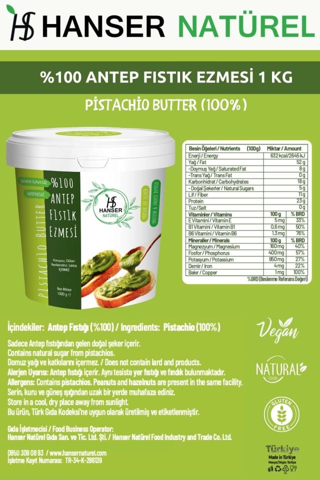 Hanser Natural 100% Pistachio Paste 1 Kg Bucket