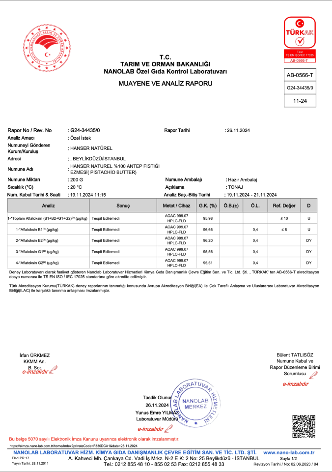 Hanser Natürel %100 Antep Fıstığı Ezmesi 1 Kg Kova