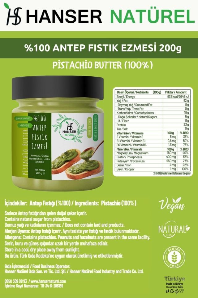Hanser Natürel %100 Antep Fıstığı Ezmesi 200g