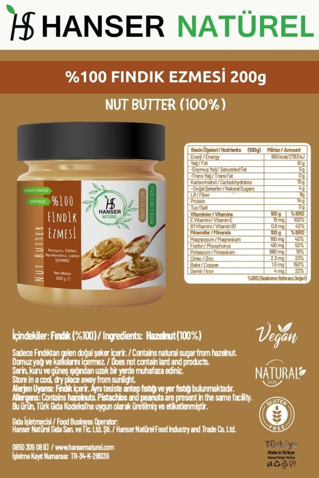 Hanser Natürel %100 Fındık Ezmesi 200g