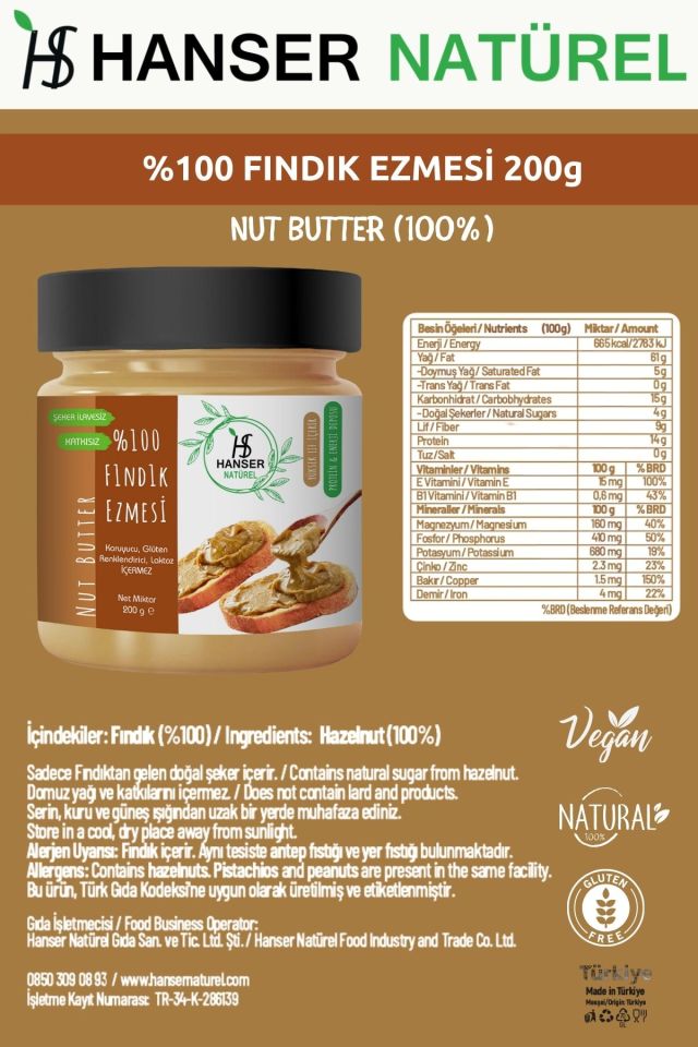 Hanser Natürel %100 Fındık Ezmesi 2’li Paket (200g x2)