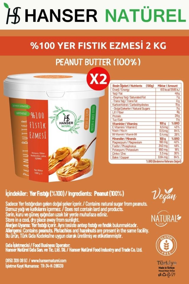 Hanser Natural 100% Peanut Butter 2 Kg Bucket (1000Gr x2)