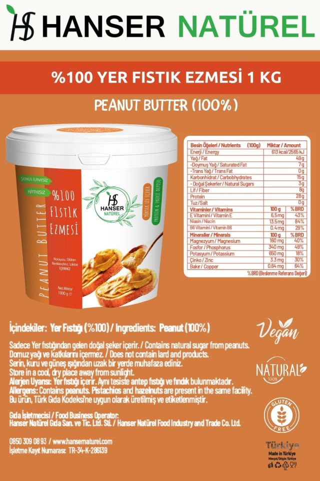 Hanser Natürel %100 Doğal Fıstık Ezmesi 1 Kg Kova