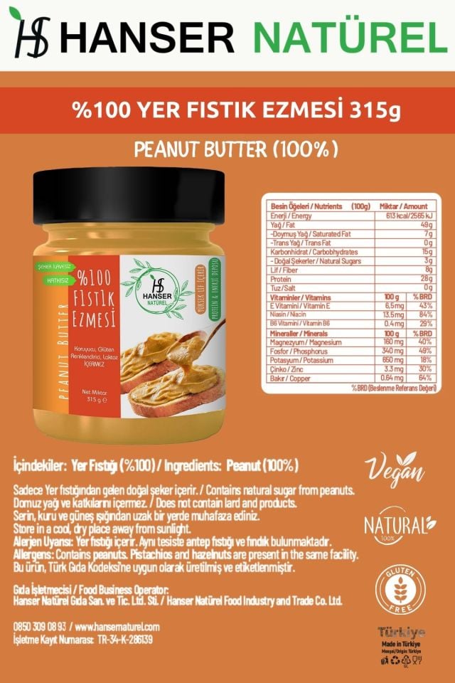 Hanser Natürel %100 Fıstık Ezmesi 315 gr