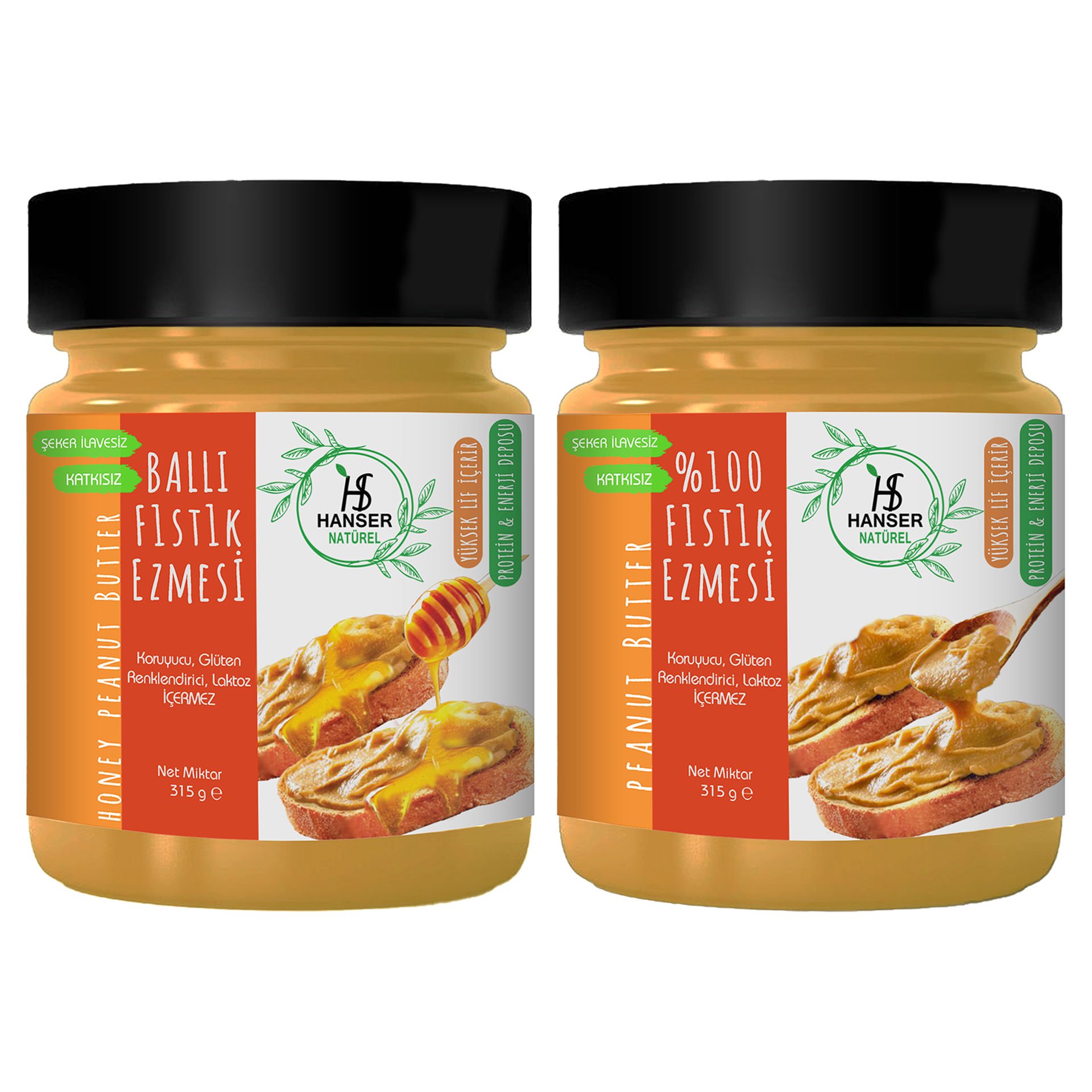 Hanser Natürel %100 Doğal Fıstık Ezmesi& Ballı Fıstık  2’li Paket (315g  x2)