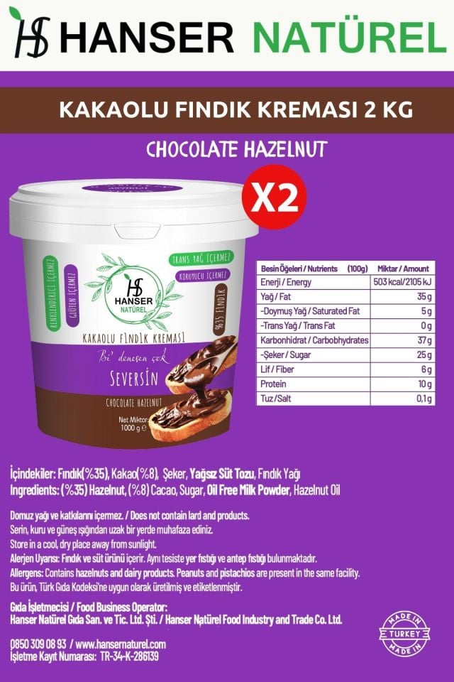 Seversin Kakaolu Fındık Kreması 2 Kg (1000G x2)