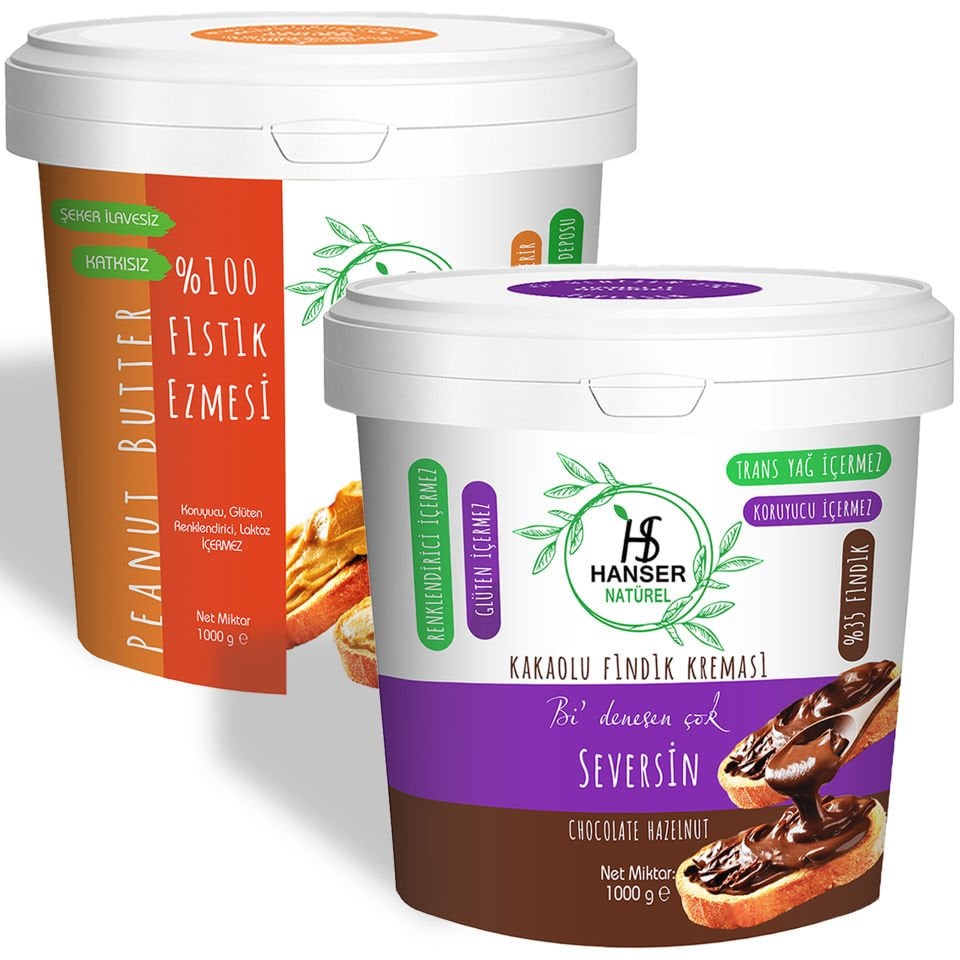 Hanser Natural 100% Peanut Butter and Chocolate Hazelnut Paste 2 Pack (1000 Gr x2)