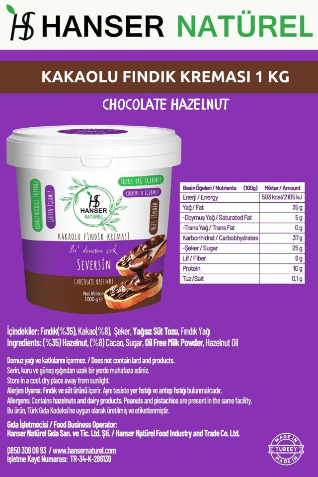 Hanser Natürel %100 Fıstık Ezmesi & Seversin Kakaolu Fındık Kreması  2’li Paket (1000 Gr x2)