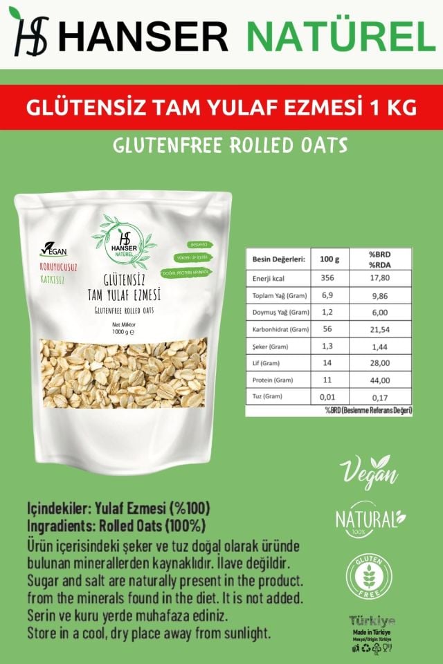 Hanser Natürel 1 Kg Glütensiz Yulaf Ezmesi